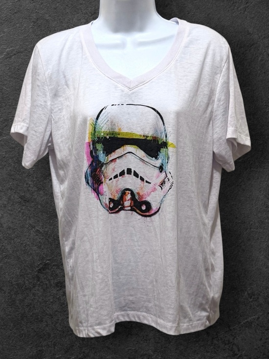 Star Wars Tops - Women’s White V-Neck Tee with Colorful Stormtrooper Graphic